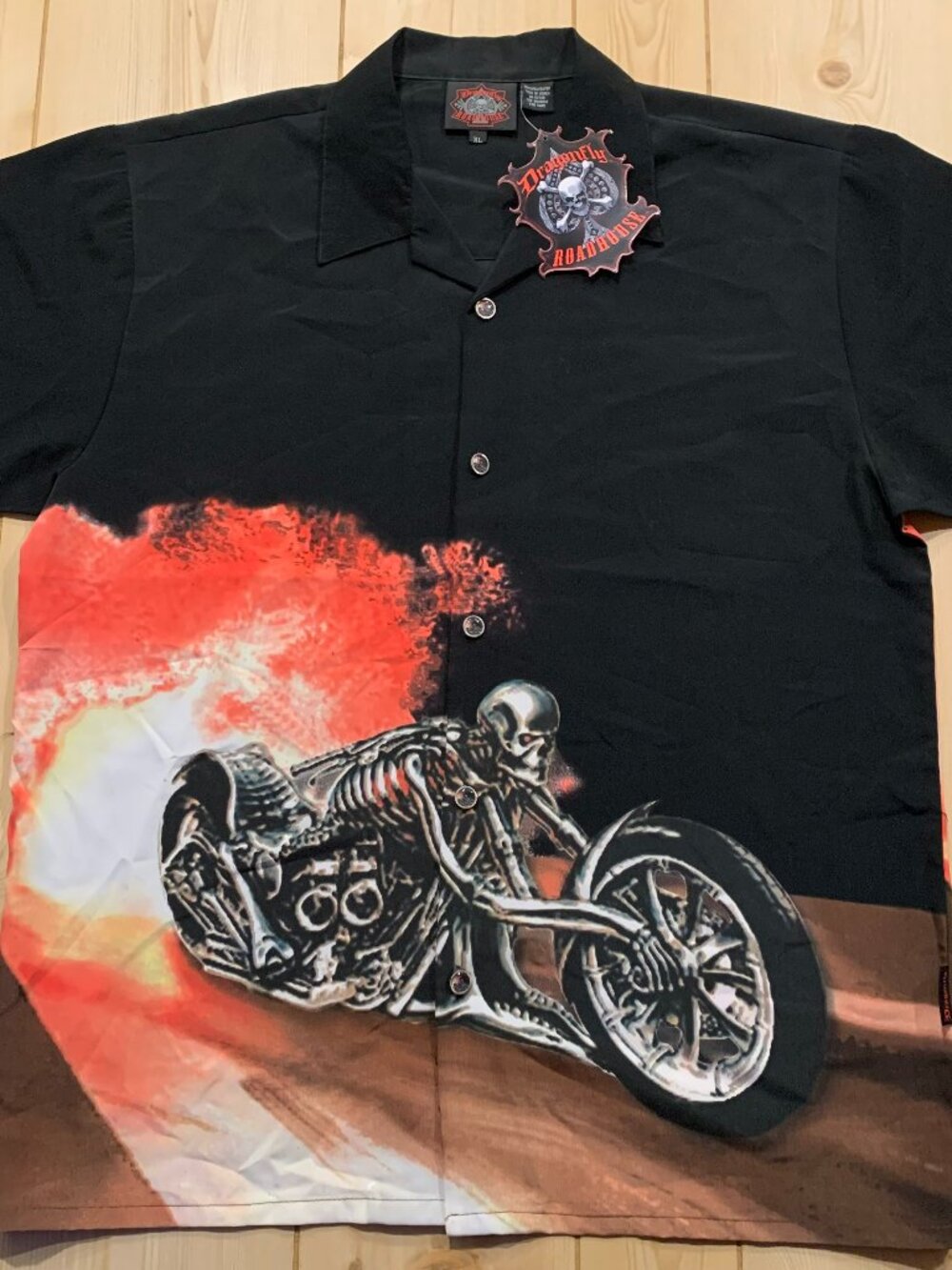 Vintage Y2K Dragonfly Roadhouse Biker Skull Grunge Button-Down Shirt Size XL NWT